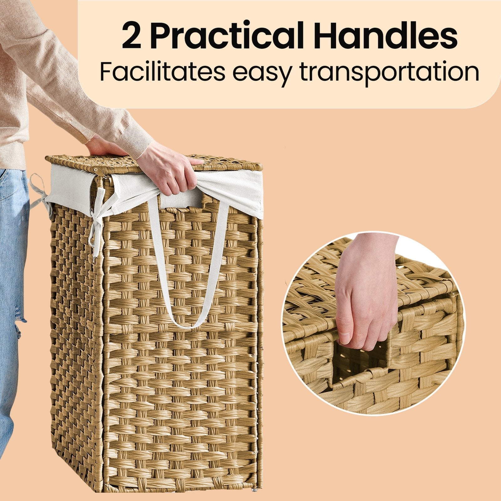 Laundry Basket – Synthetic Rattan – Natural – Foldable with Lid and Removable Liner