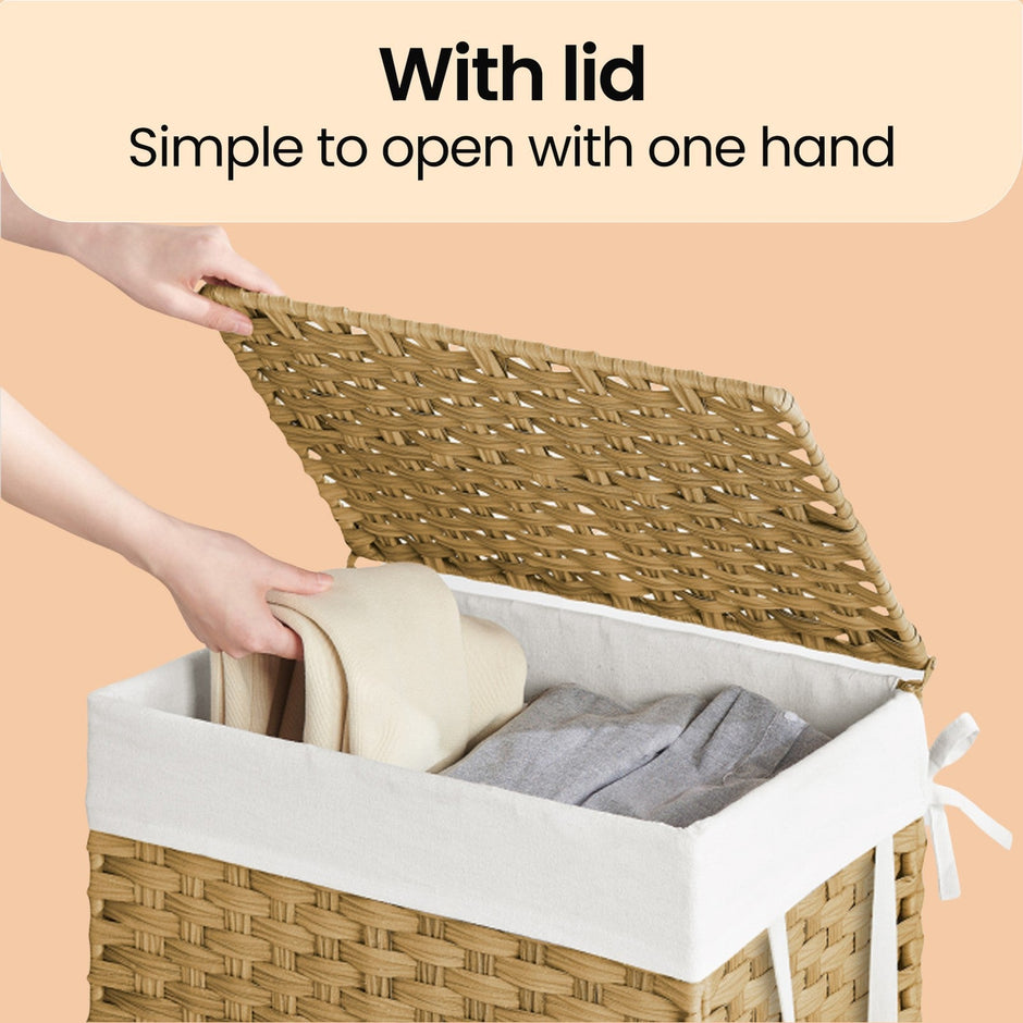 Laundry Basket – Synthetic Rattan – Natural – Foldable with Lid and Removable Liner