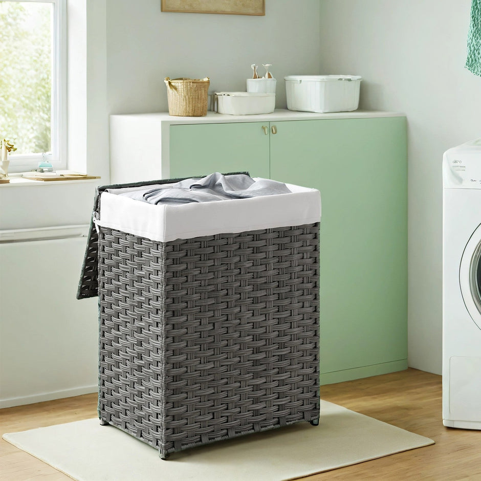 Laundry Basket – Synthetic Rattan – Natural – Foldable with Lid and Removable Liner