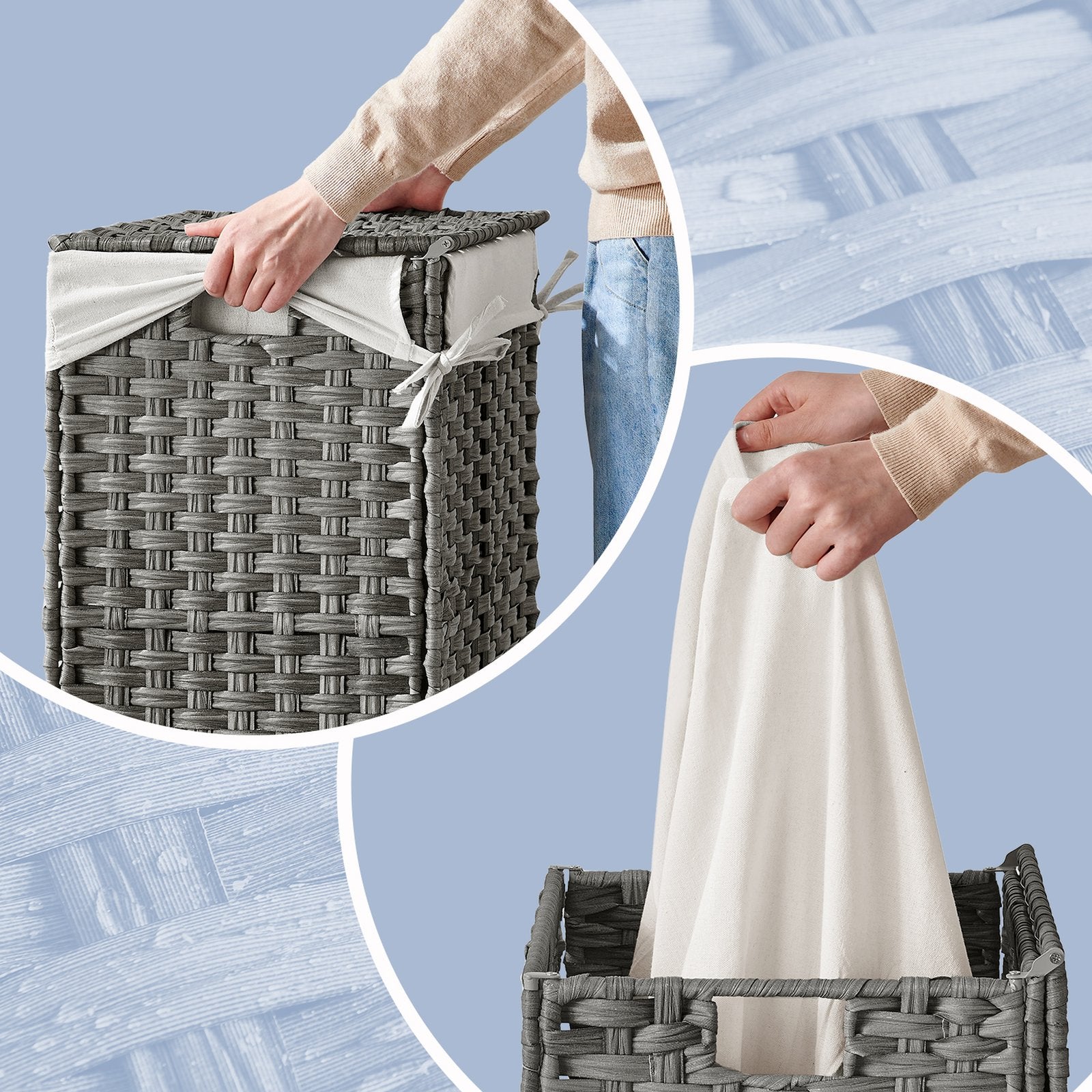 Laundry Basket – Synthetic Rattan – Natural – Foldable with Lid and Removable Liner