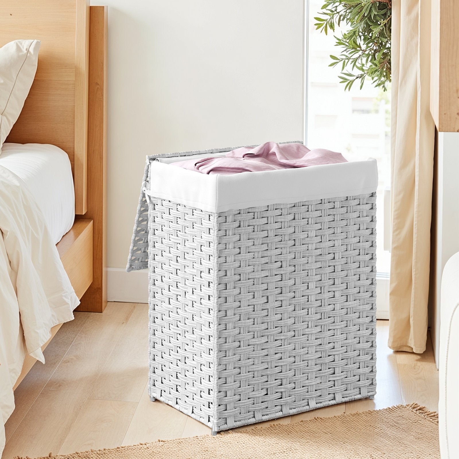Laundry Basket – Synthetic Rattan – Natural – Foldable with Lid and Removable Liner