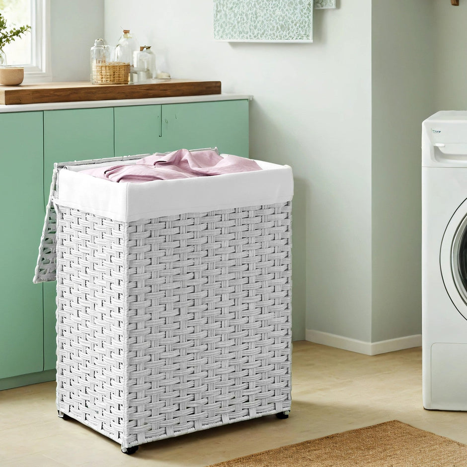 Laundry Basket – Synthetic Rattan – Natural – Foldable with Lid and Removable Liner