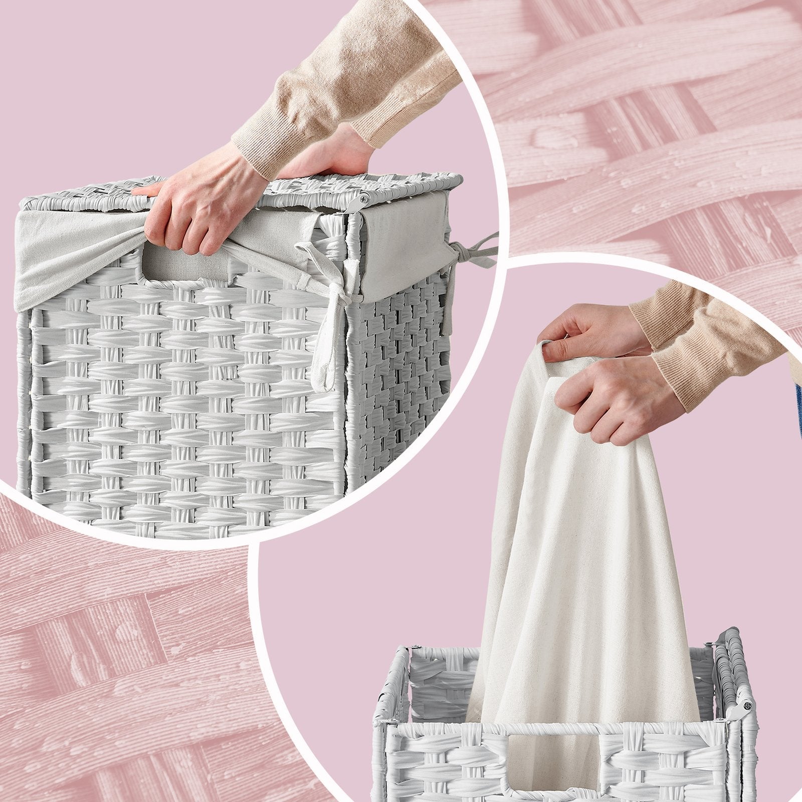 Laundry Basket – Synthetic Rattan – Natural – Foldable with Lid and Removable Liner