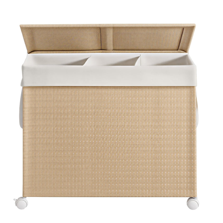 Laundry Hamper – Fabric – Natural Beige and Matte White – 3-Section with Removable Liner and Lid