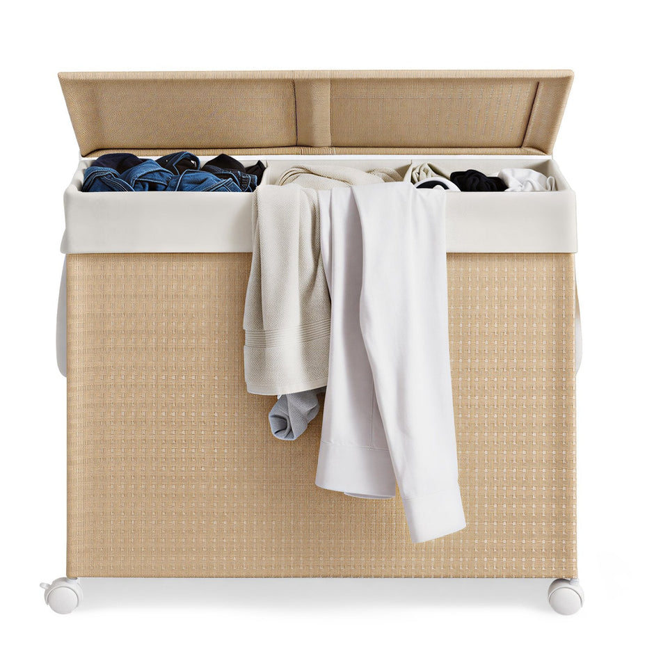 Laundry Hamper – Fabric – Natural Beige and Matte White – 3-Section with Removable Liner and Lid