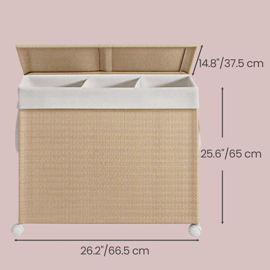 Laundry Hamper – Fabric – Natural Beige and Matte White – 3-Section with Removable Liner and Lid