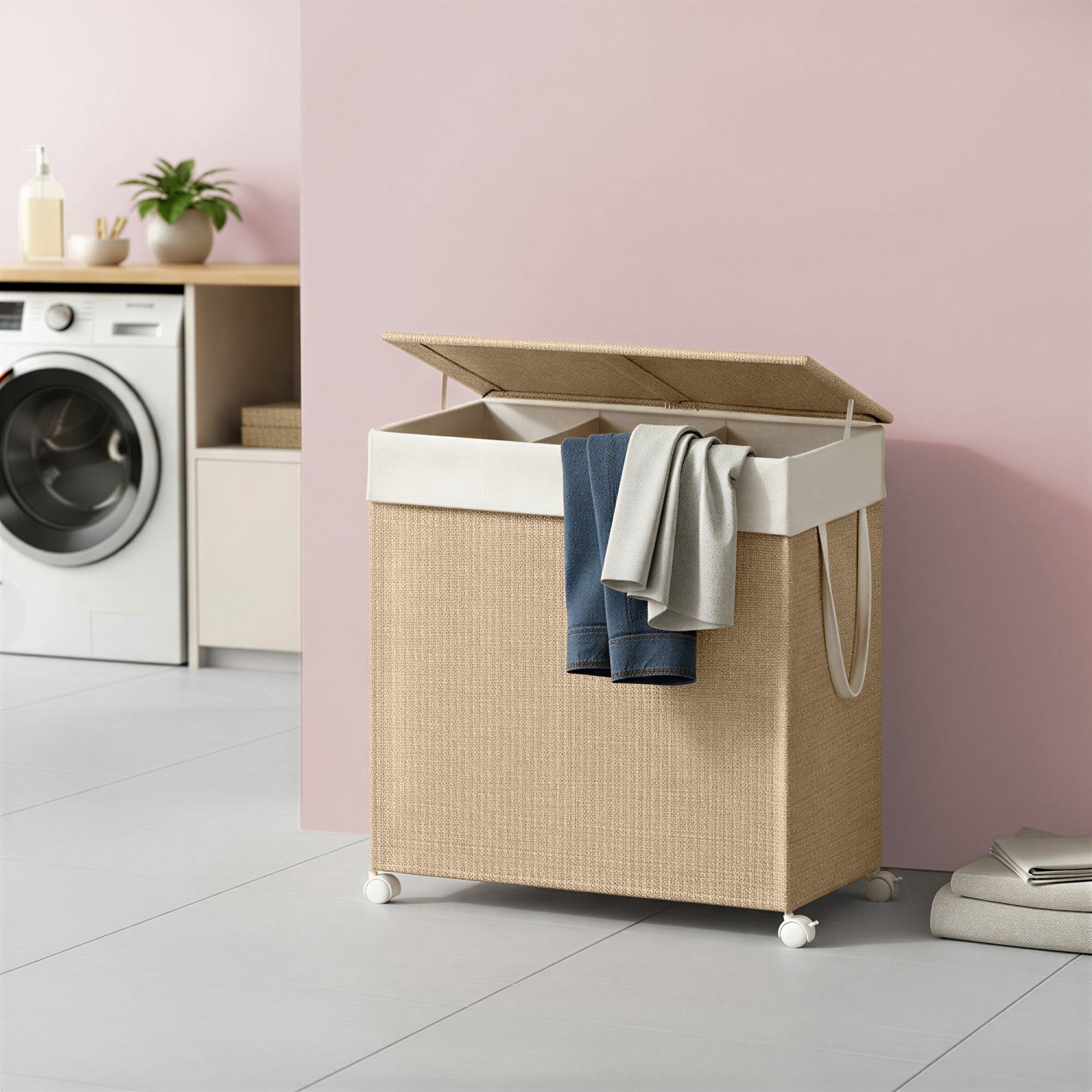 Laundry Hamper – Fabric – Natural Beige and Matte White – 3-Section with Removable Liner and Lid