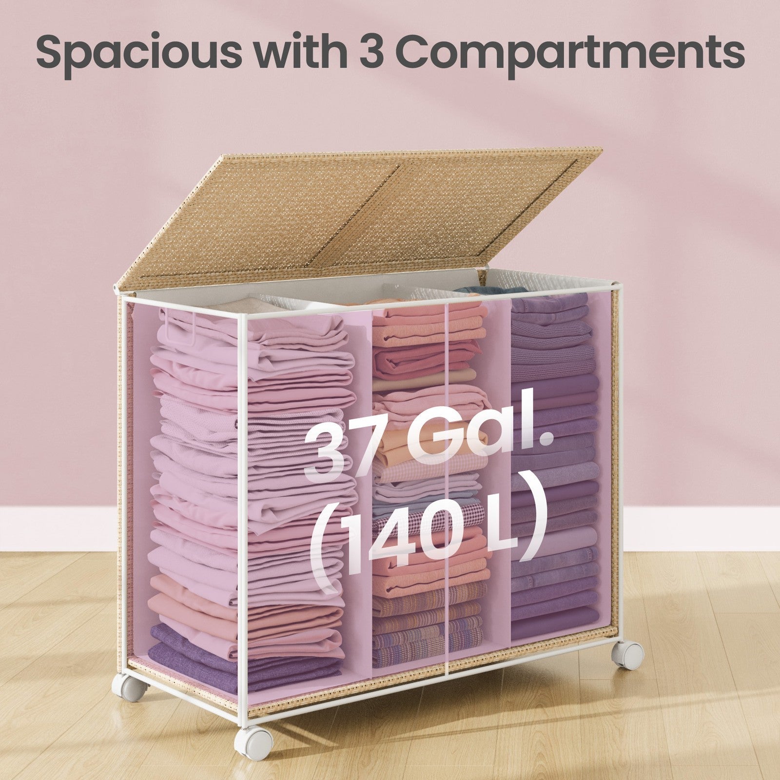 Laundry Hamper – Fabric – Natural Beige and Matte White – 3-Section with Removable Liner and Lid