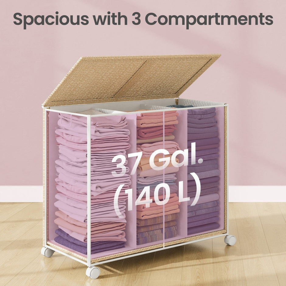Laundry Hamper – Fabric – Natural Beige and Matte White – 3-Section with Removable Liner and Lid