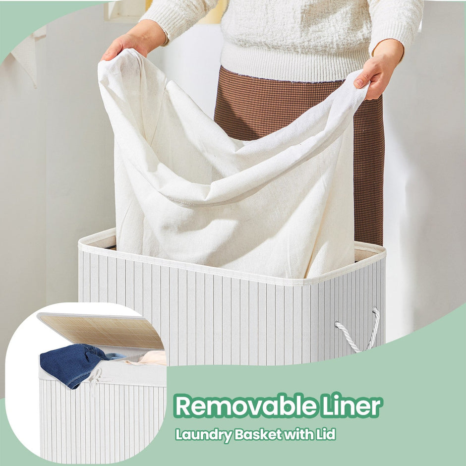 Laundry Basket – Bamboo – Natural – XXL with 2 Sorting Compartments and Removable Washable Lining