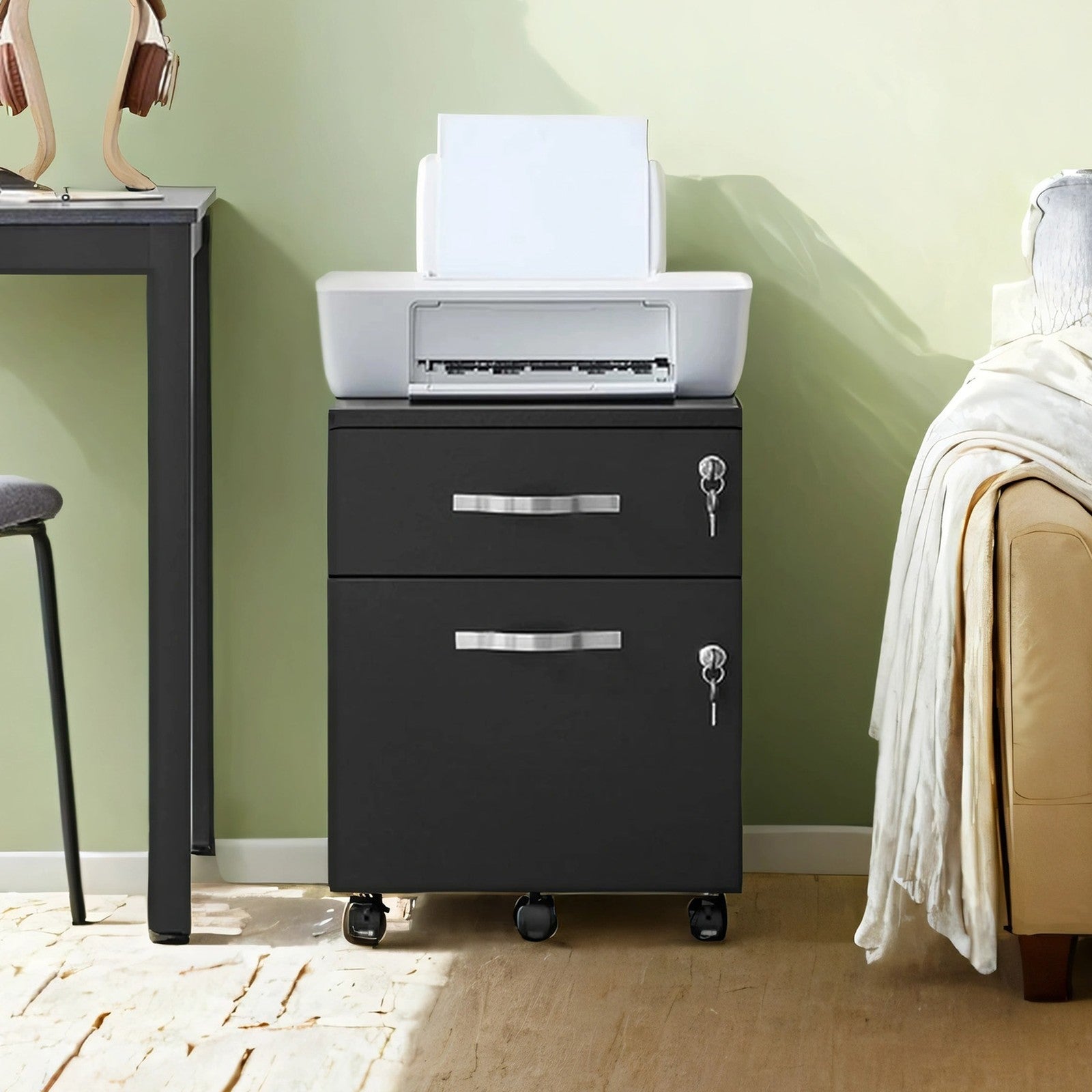 Lockable File Cabinet – Metal – Black – 2 Drawers with Wheels and Adjustable Hanging Rails