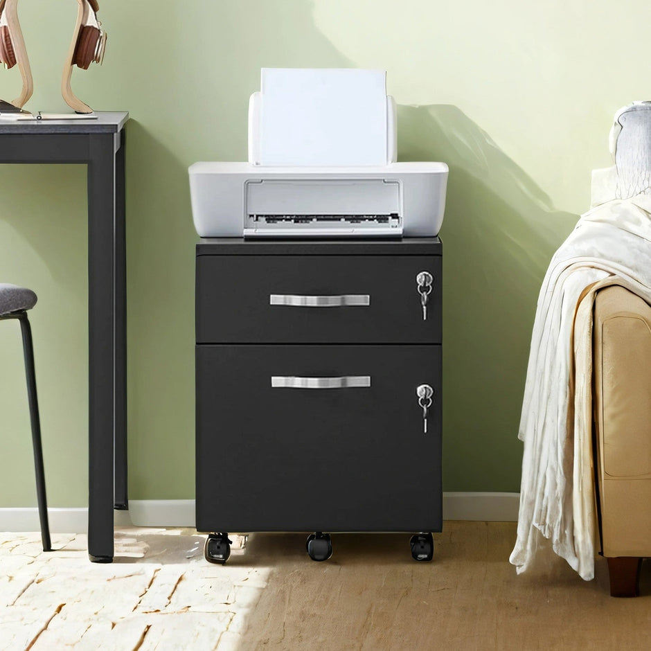 Lockable File Cabinet – Metal – Black – 2 Drawers with Wheels and Adjustable Hanging Rails