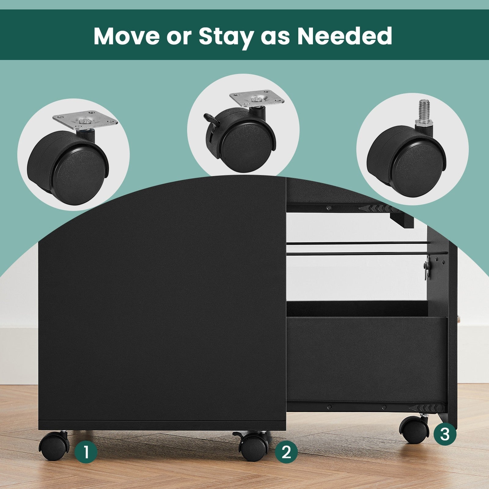 Lockable File Cabinet – Metal – Black – 2 Drawers with Wheels and Adjustable Hanging Rails