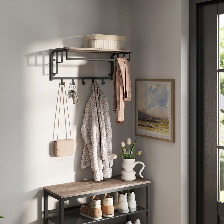 Wall-Mounted Coat Rack – Metal – Industrial Gray – With 5 Removable Hooks and Floating Shelf