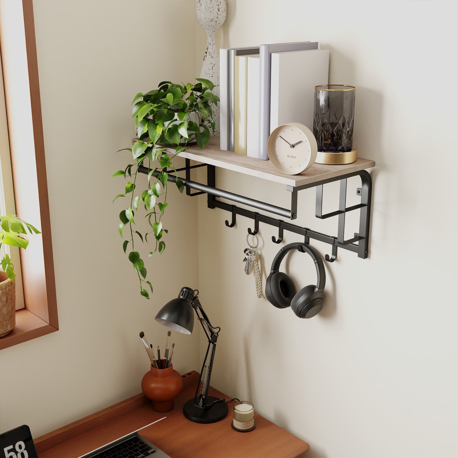 Wall-Mounted Coat Rack – Metal – Industrial Gray – With 5 Removable Hooks and Floating Shelf