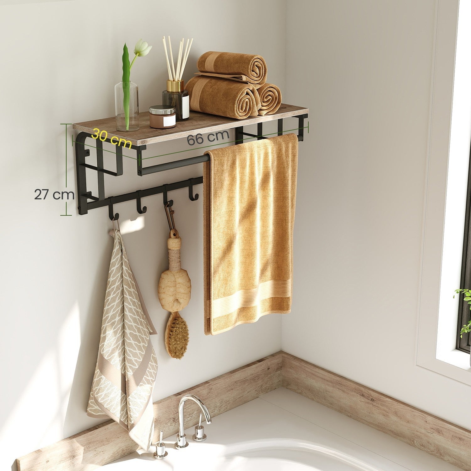 Wall-Mounted Coat Rack – Metal – Industrial Gray – With 5 Removable Hooks and Floating Shelf