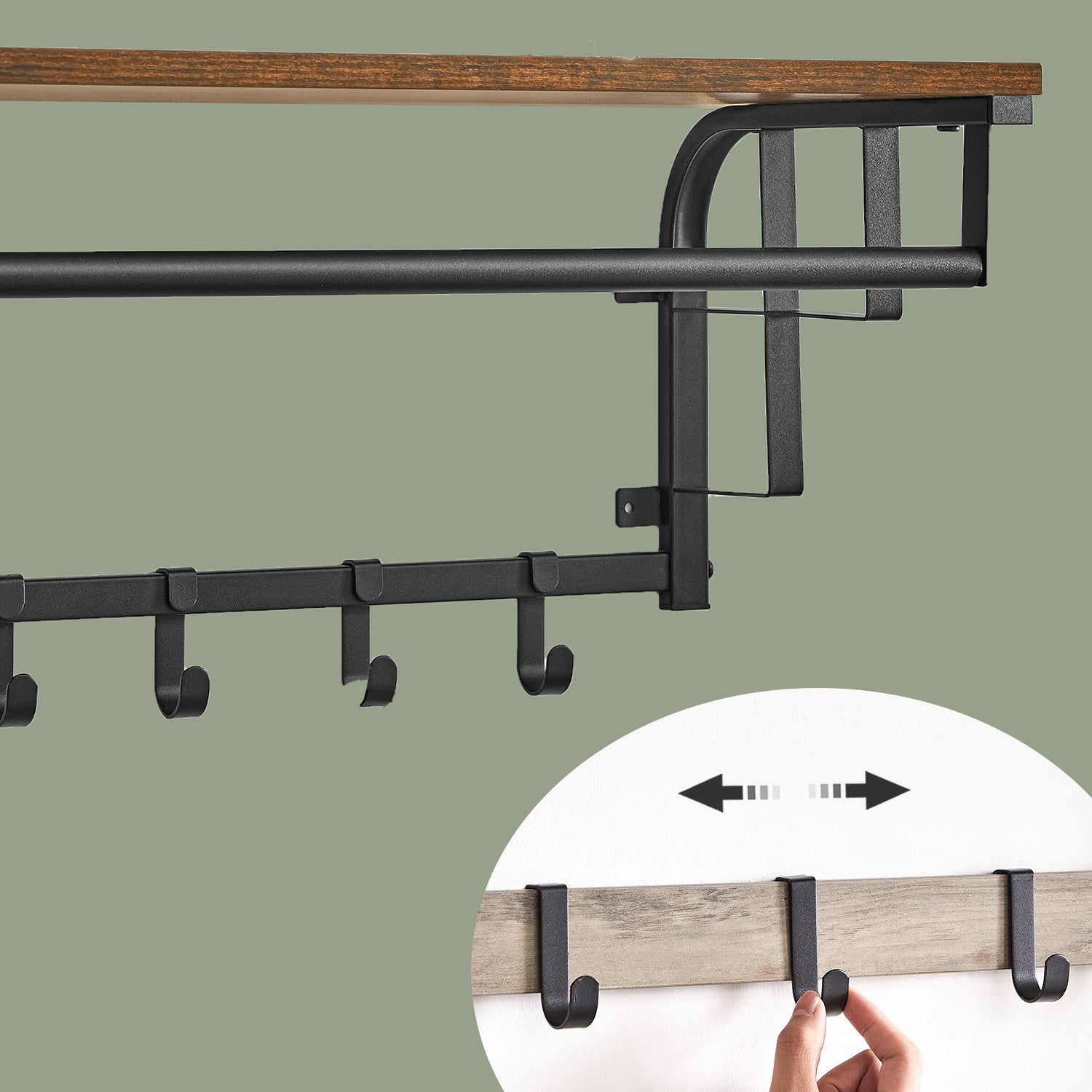 Wall-Mounted Coat Rack – Metal – Industrial Gray – With 5 Removable Hooks and Floating Shelf