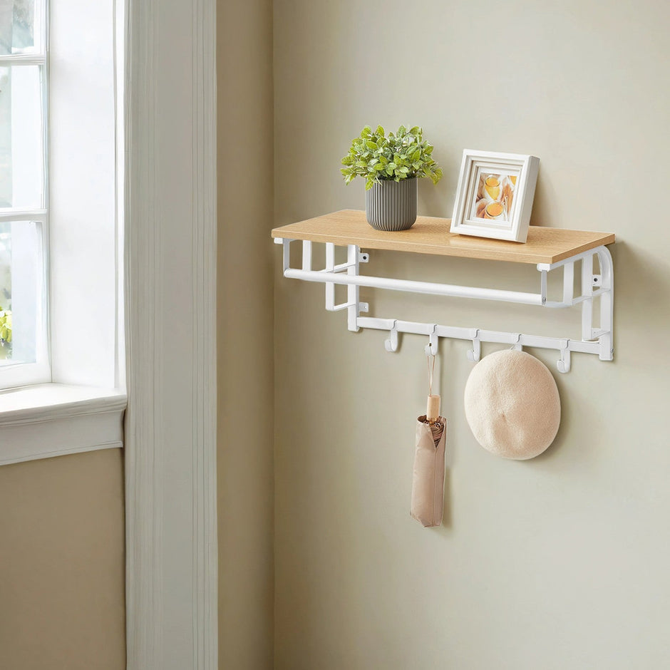 Wall-Mounted Coat Rack – Metal – Industrial Gray – With 5 Removable Hooks and Floating Shelf