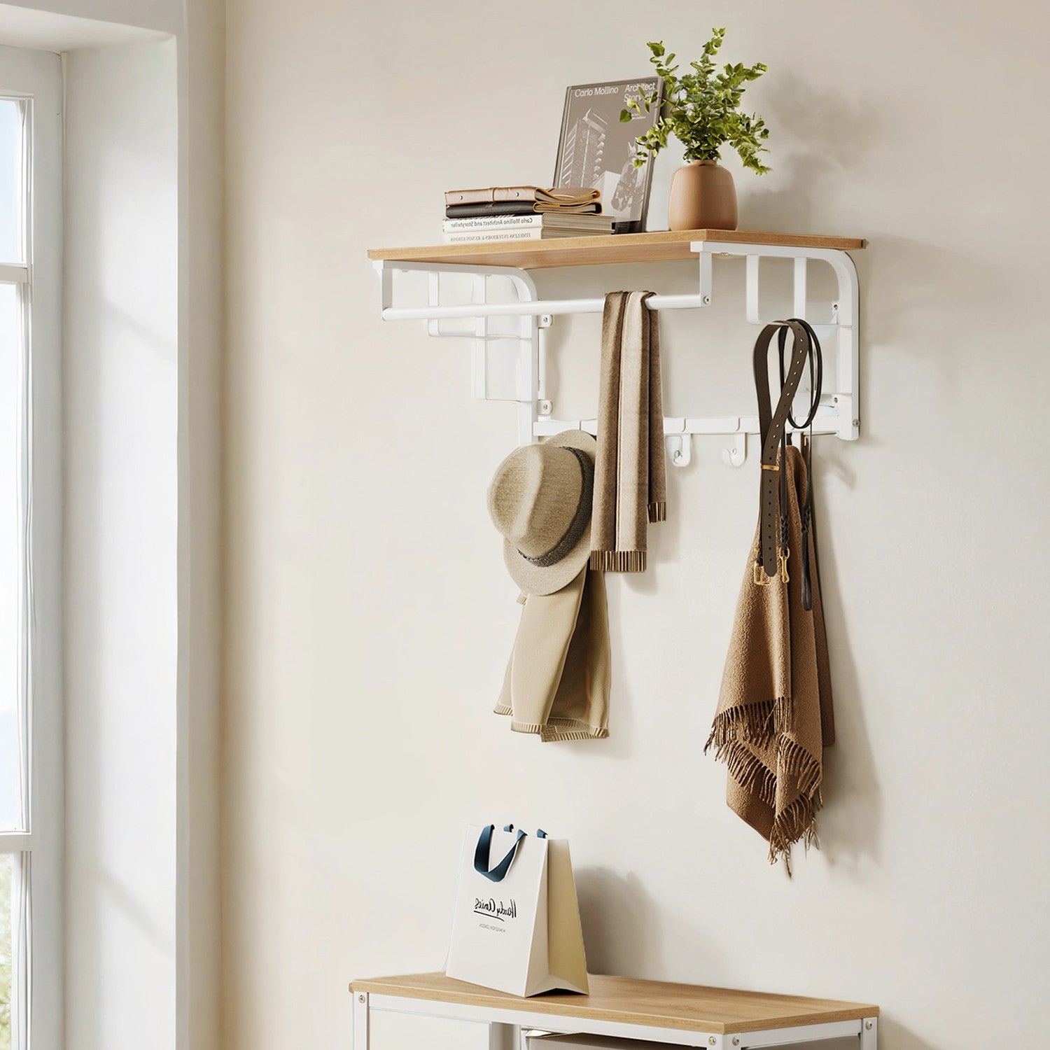 Wall-Mounted Coat Rack – Metal – Industrial Gray – With 5 Removable Hooks and Floating Shelf