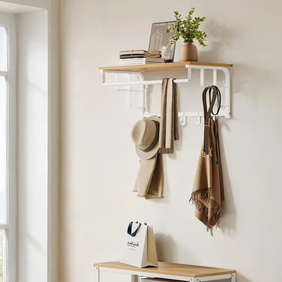 Wall-Mounted Coat Rack – Metal – Industrial Gray – With 5 Removable Hooks and Floating Shelf