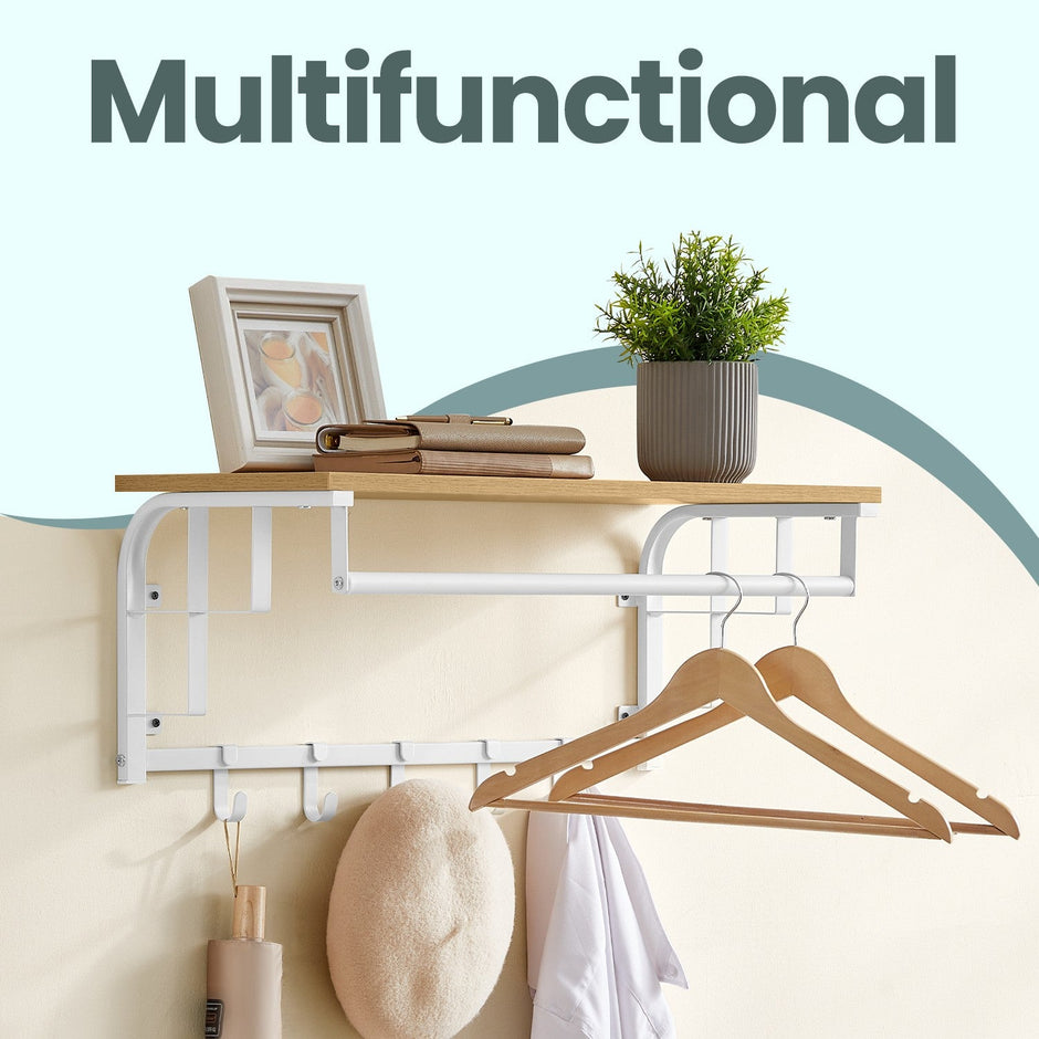 Wall-Mounted Coat Rack – Metal – Industrial Gray – With 5 Removable Hooks and Floating Shelf