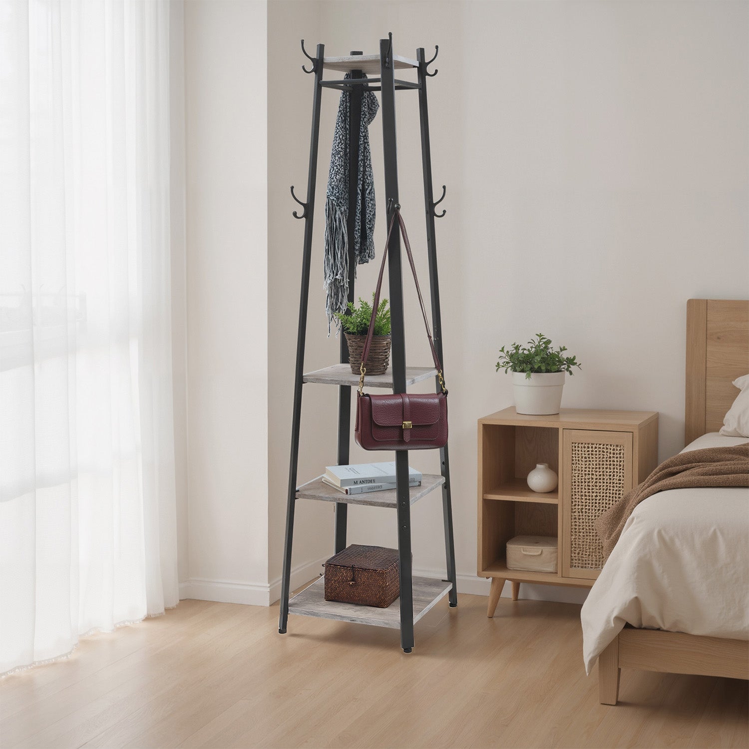 Coat Rack – Steel – Greige and Black – Free Standing Hall Tree with 3 Shelves and Hooks