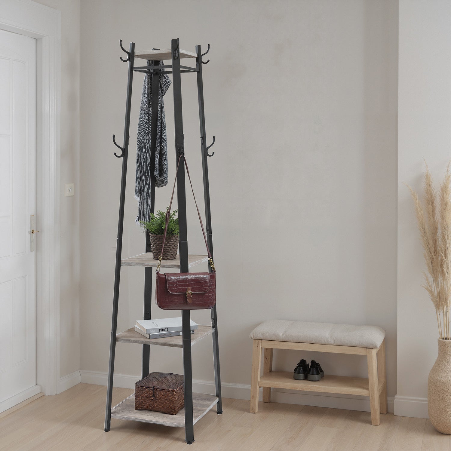 Coat Rack – Steel – Greige and Black – Free Standing Hall Tree with 3 Shelves and Hooks