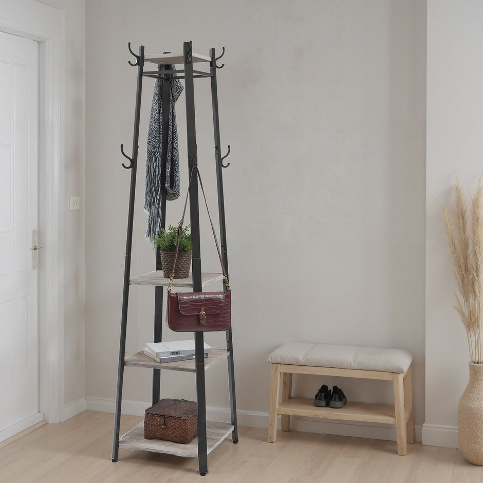 Coat Rack – Steel – Greige and Black – Free Standing Hall Tree with 3 Shelves and Hooks
