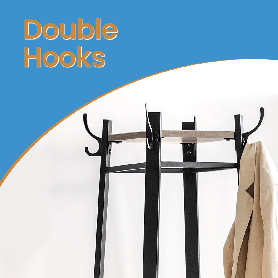 Coat Rack – Steel – Greige and Black – Free Standing Hall Tree with 3 Shelves and Hooks