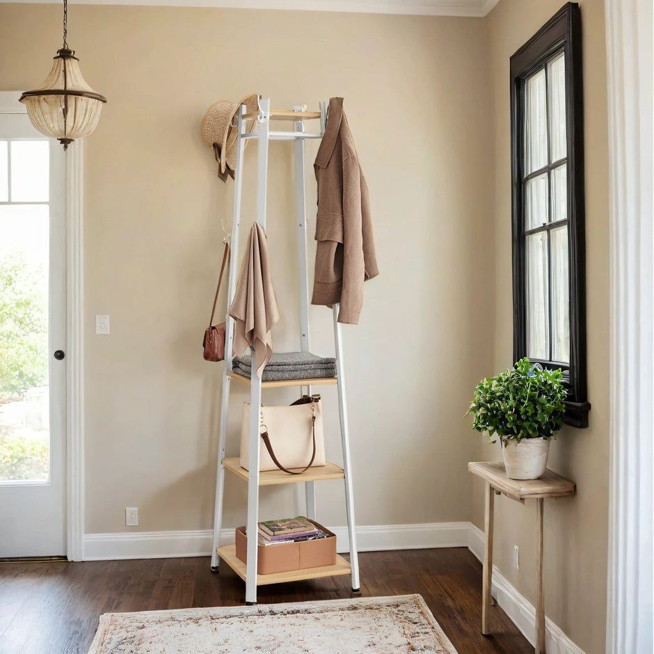 Free-Standing Coat Rack – Steel – Greige and Black – Industrial Style with Shelves and Hooks