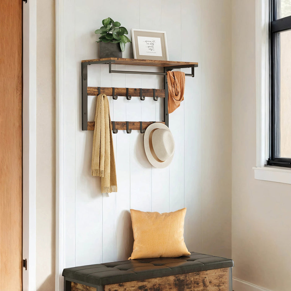 Wall-Mounted Coat Rack – Wood – Oak and White/Grey and Black/Rustic Brown – 10 Removable Hooks with Shelf