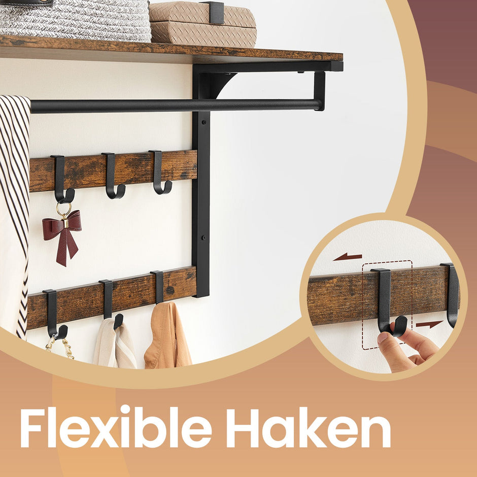 Wall-Mounted Coat Rack – Wood – Oak and White/Grey and Black/Rustic Brown – 10 Removable Hooks with Shelf