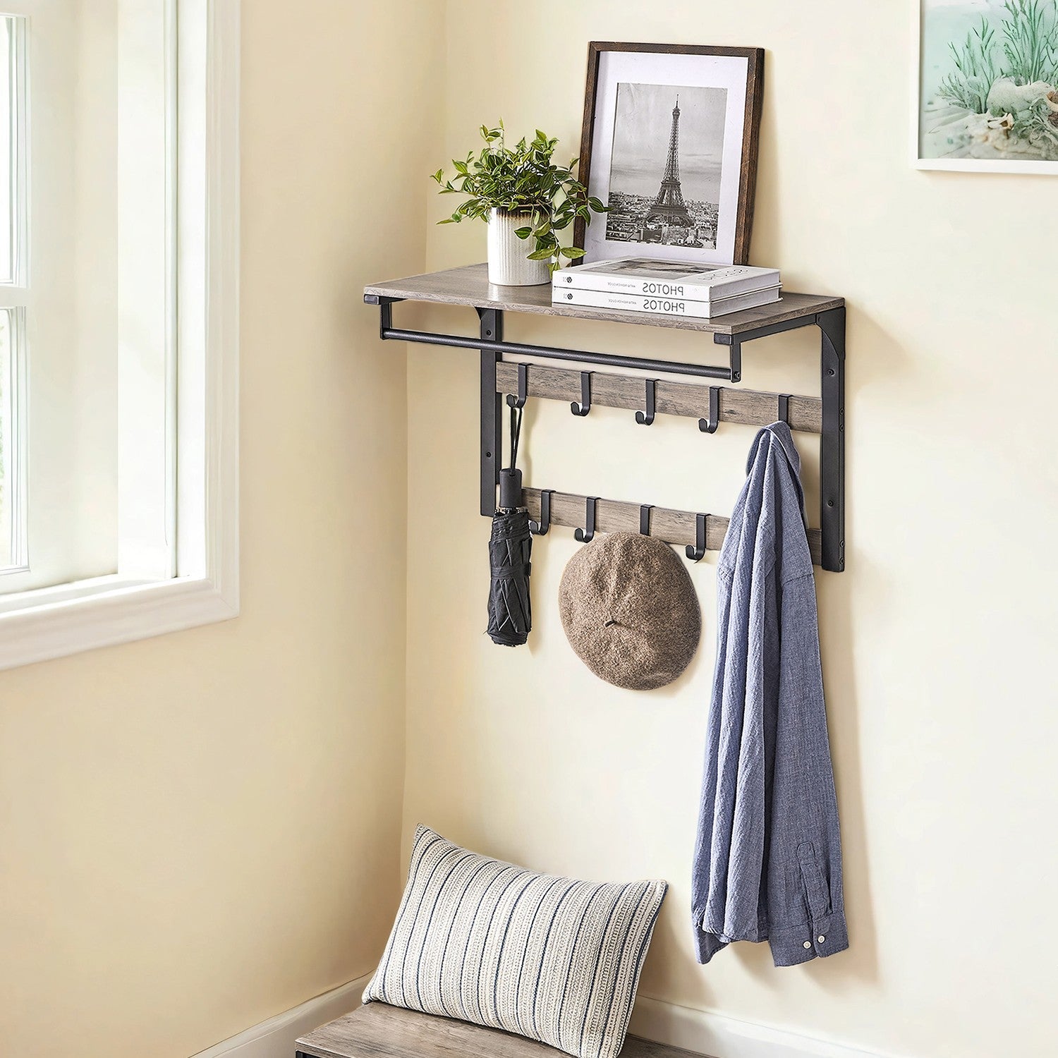Wall-Mounted Coat Rack – Wood – Oak and White/Grey and Black/Rustic Brown – 10 Removable Hooks with Shelf