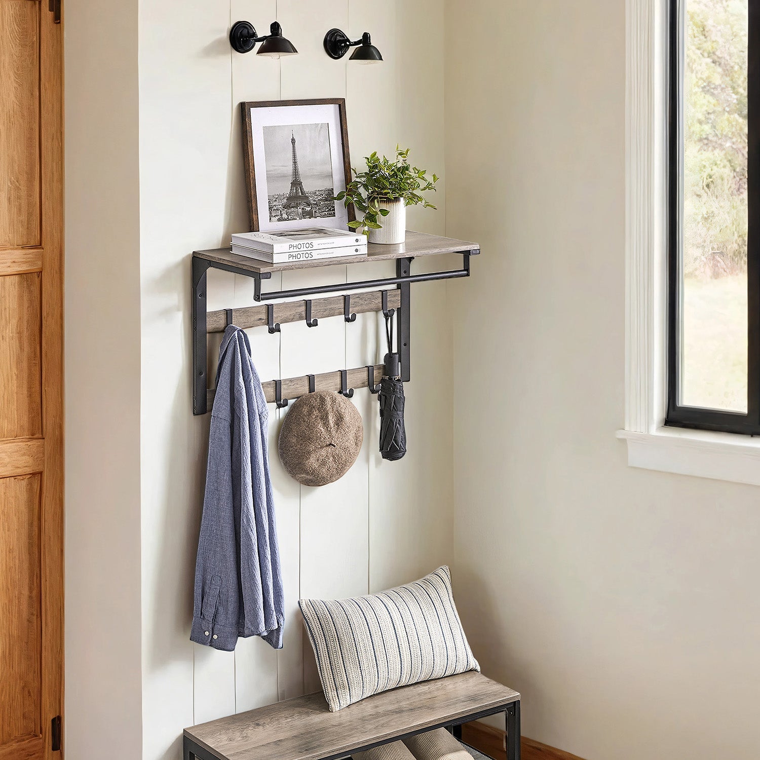 Wall-Mounted Coat Rack – Wood – Oak and White/Grey and Black/Rustic Brown – 10 Removable Hooks with Shelf