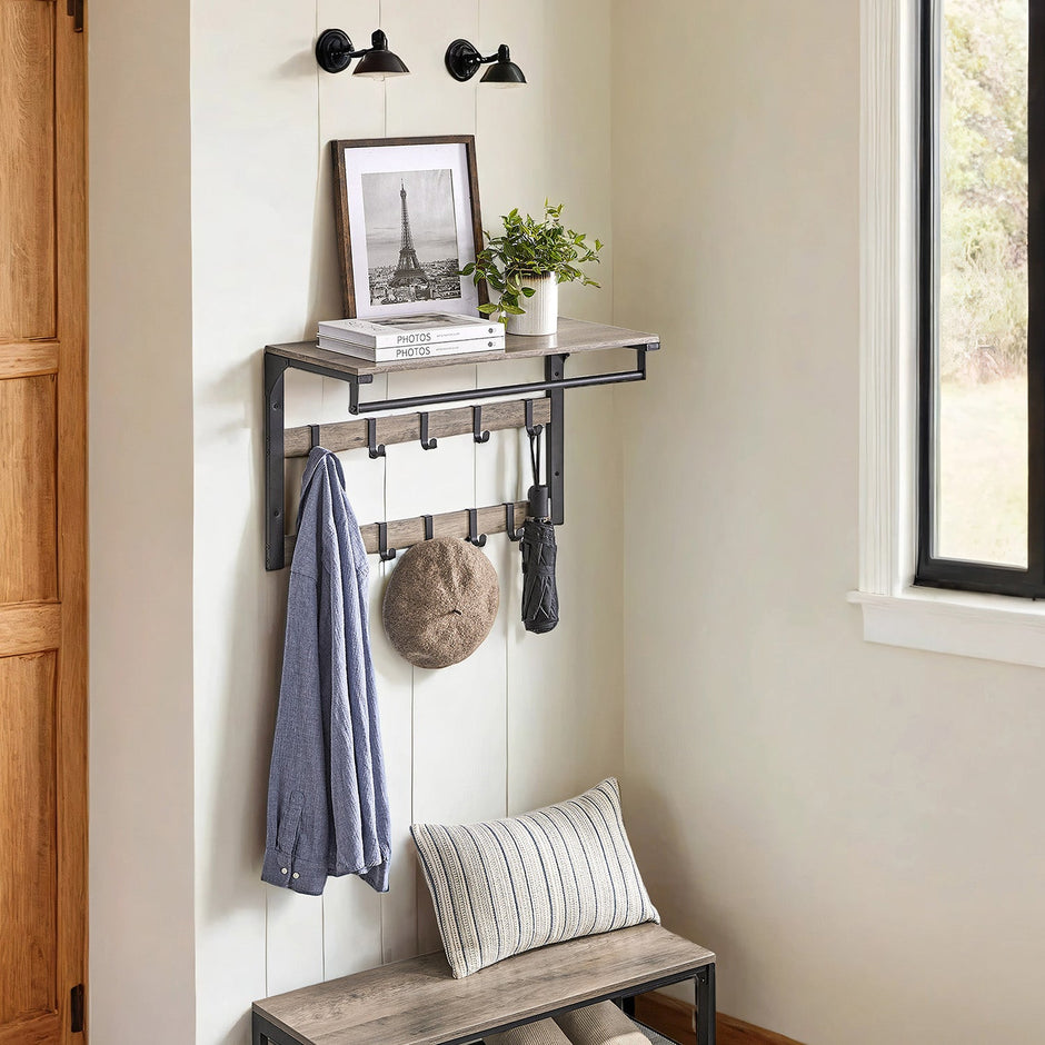 Wall-Mounted Coat Rack – Wood – Oak and White/Grey and Black/Rustic Brown – 10 Removable Hooks with Shelf