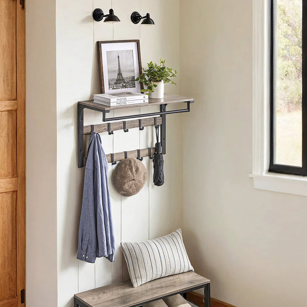Wall-Mounted Coat Rack – Wood – Oak and White/Grey and Black/Rustic Brown – 10 Removable Hooks with Shelf