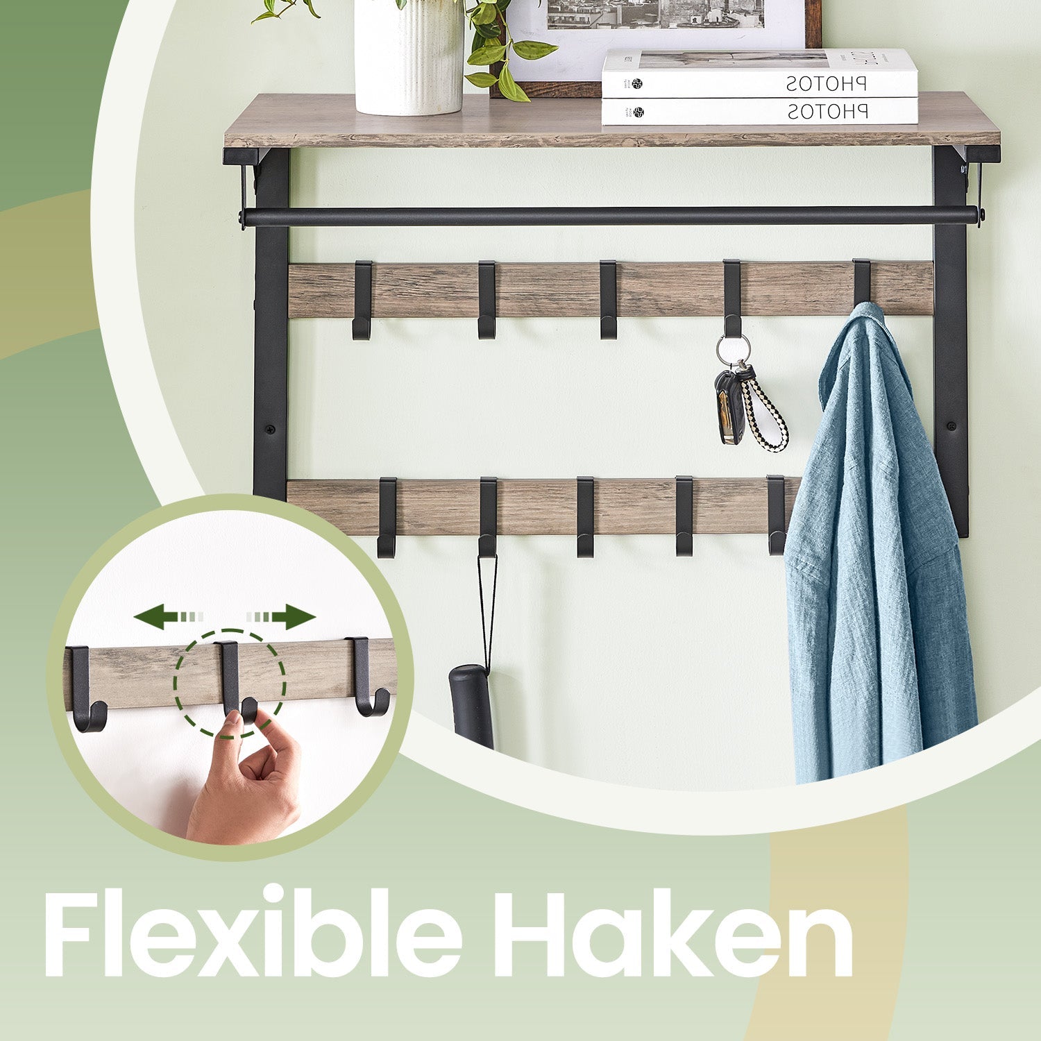 Wall-Mounted Coat Rack – Wood – Oak and White/Grey and Black/Rustic Brown – 10 Removable Hooks with Shelf