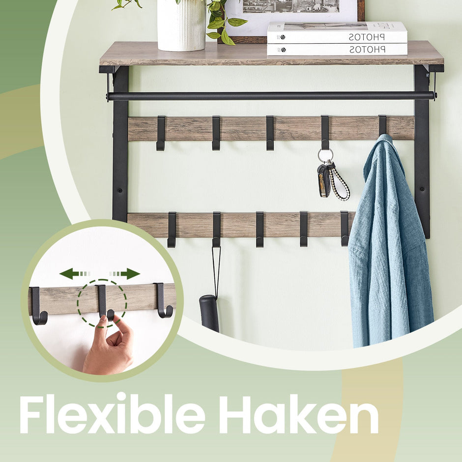 Wall-Mounted Coat Rack – Wood – Oak and White/Grey and Black/Rustic Brown – 10 Removable Hooks with Shelf