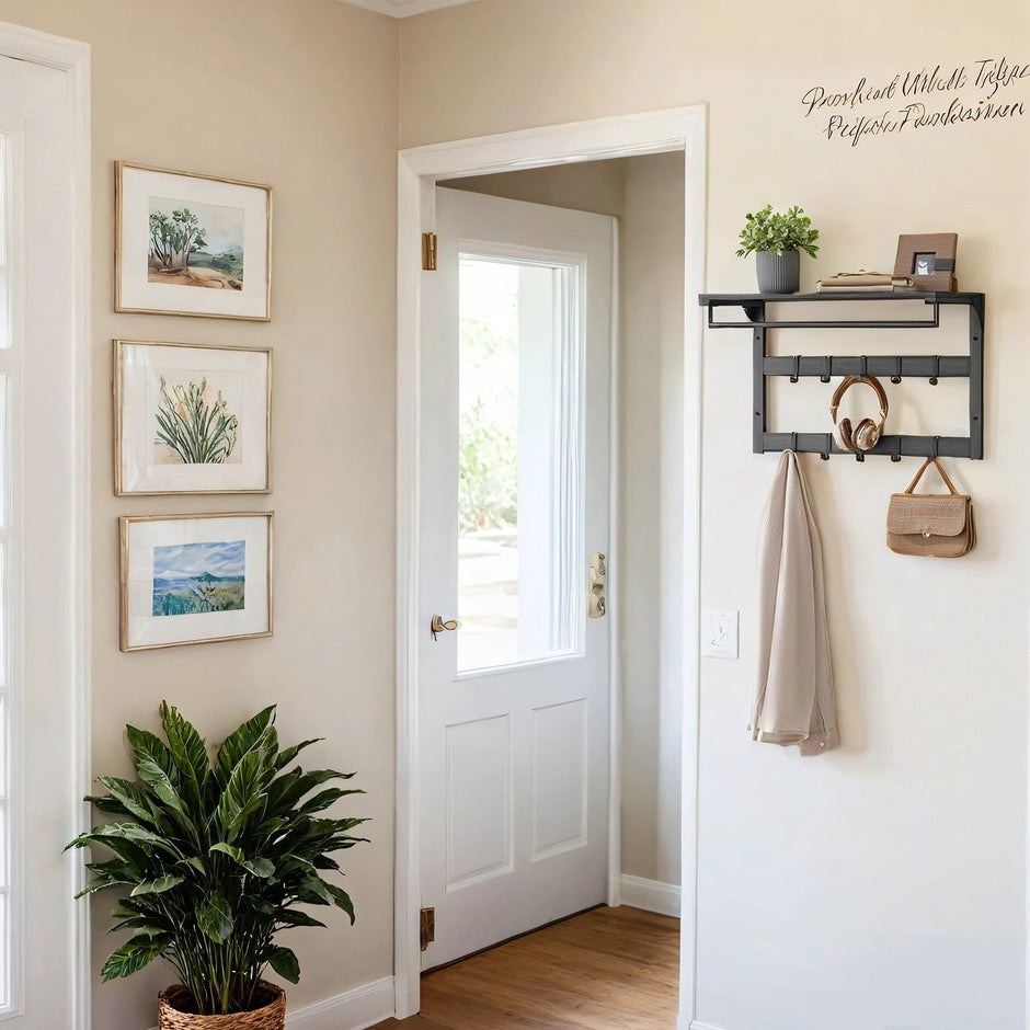 Wall-Mounted Coat Rack – Wood – Oak and White/Grey and Black/Rustic Brown – 10 Removable Hooks with Shelf