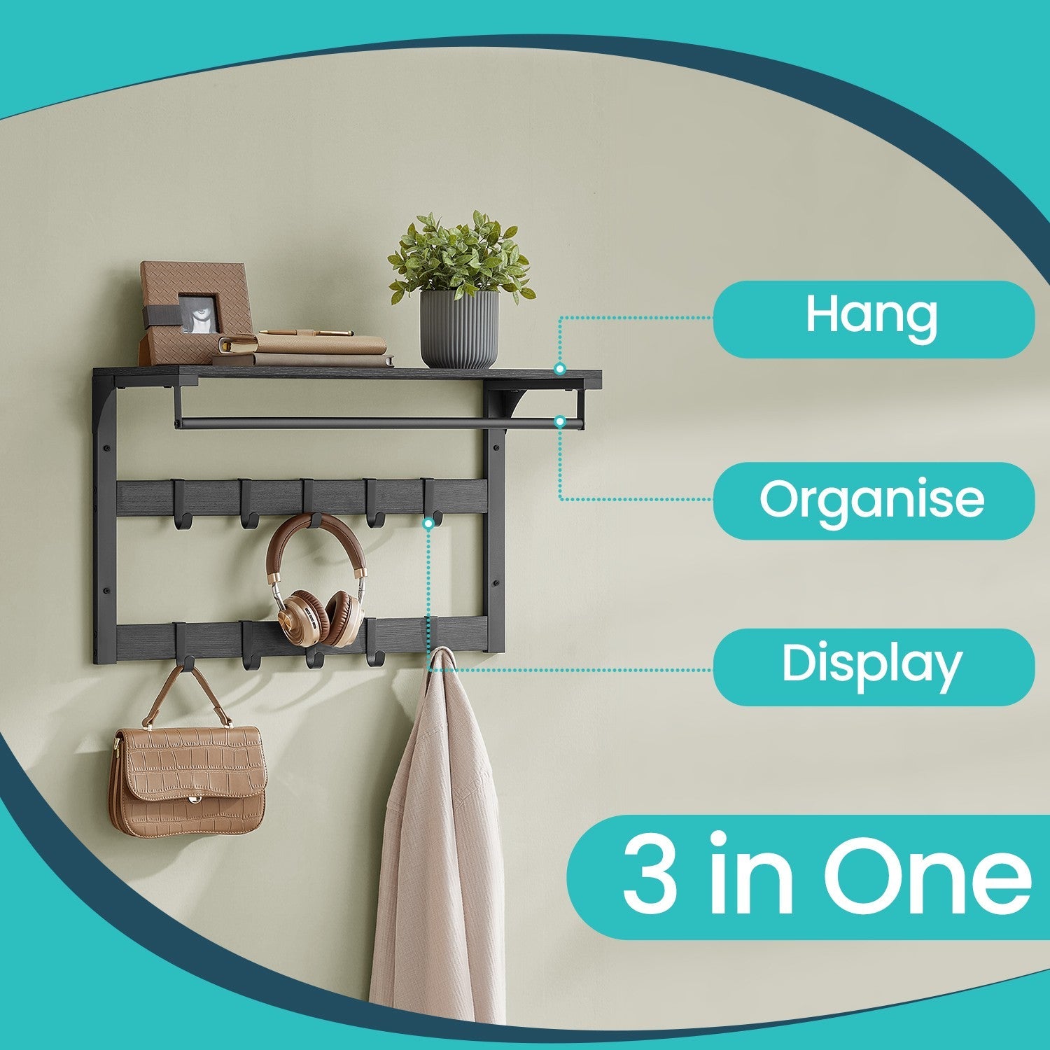 Wall-Mounted Coat Rack – Wood – Oak and White/Grey and Black/Rustic Brown – 10 Removable Hooks with Shelf