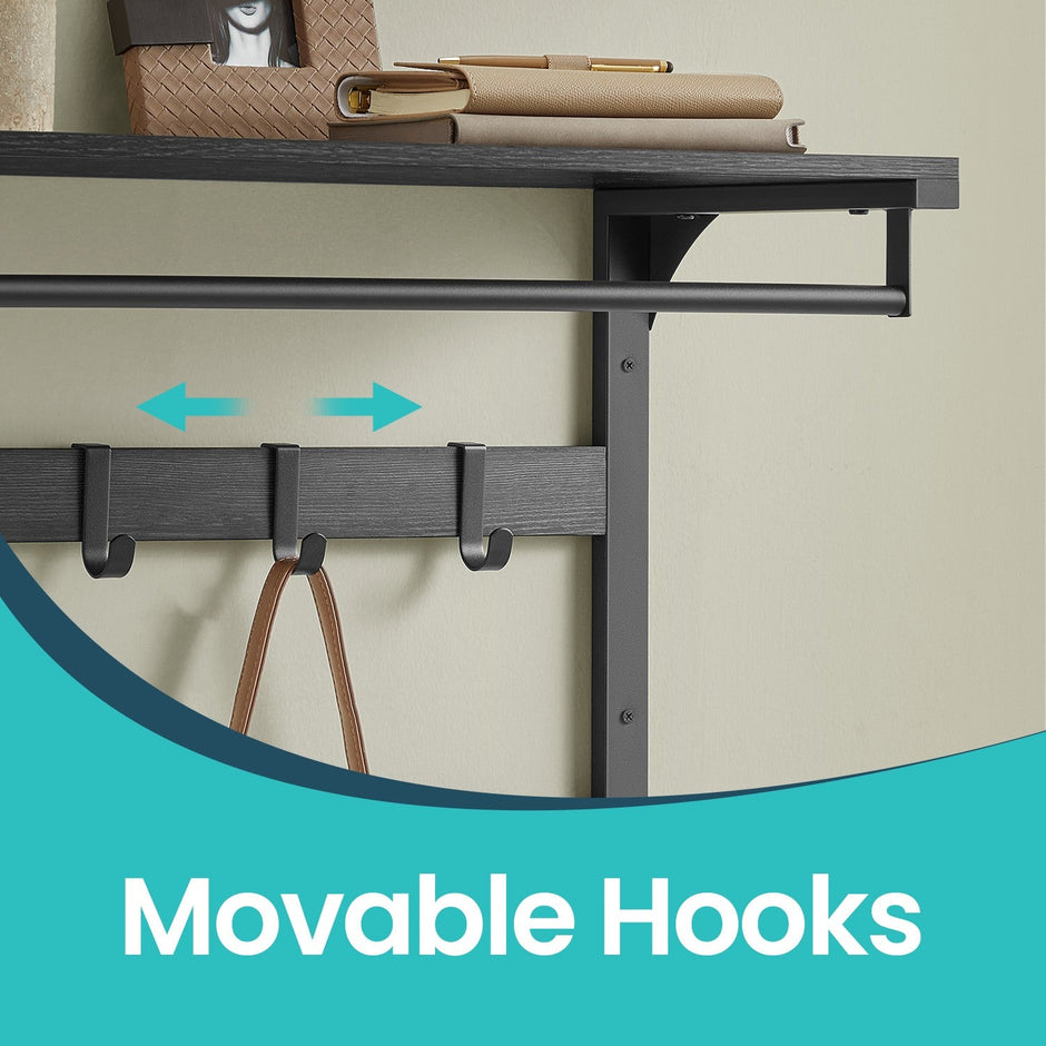 Wall-Mounted Coat Rack – Wood – Oak and White/Grey and Black/Rustic Brown – 10 Removable Hooks with Shelf