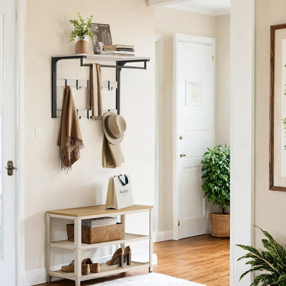 Wall-Mounted Coat Rack – Oak and White – 10 Removable Hooks and Shelf