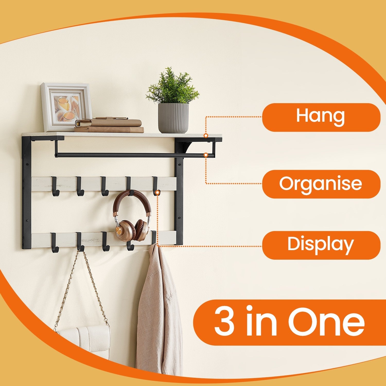 Wall-Mounted Coat Rack – Oak and White – 10 Removable Hooks and Shelf