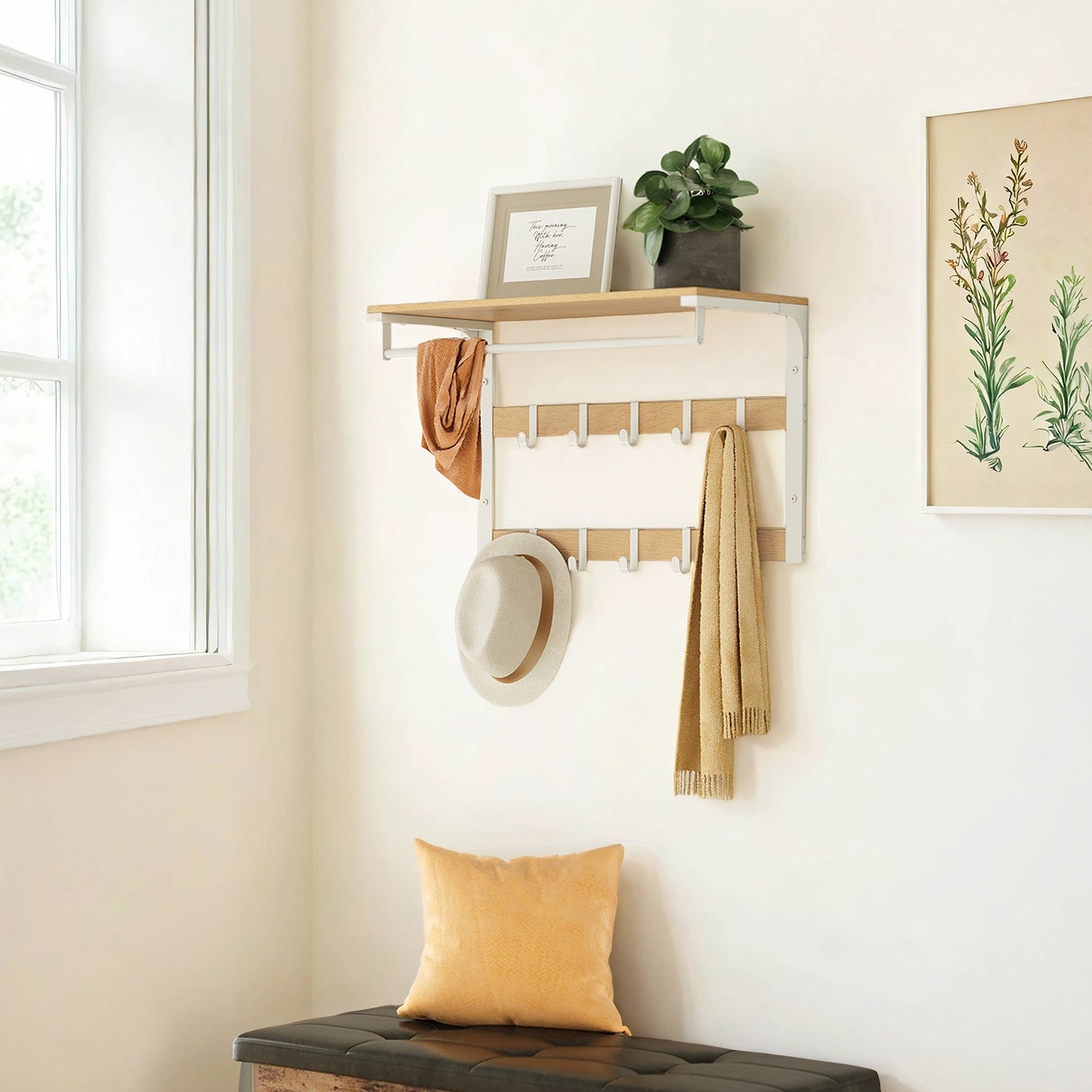 Wall-Mounted Coat Rack – Wood – Oak and White/Grey and Black/Rustic Brown – 10 Removable Hooks with Shelf