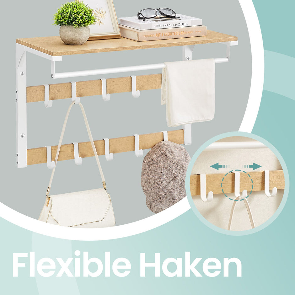 Wall-Mounted Coat Rack – Wood – Oak and White/Grey and Black/Rustic Brown – 10 Removable Hooks with Shelf