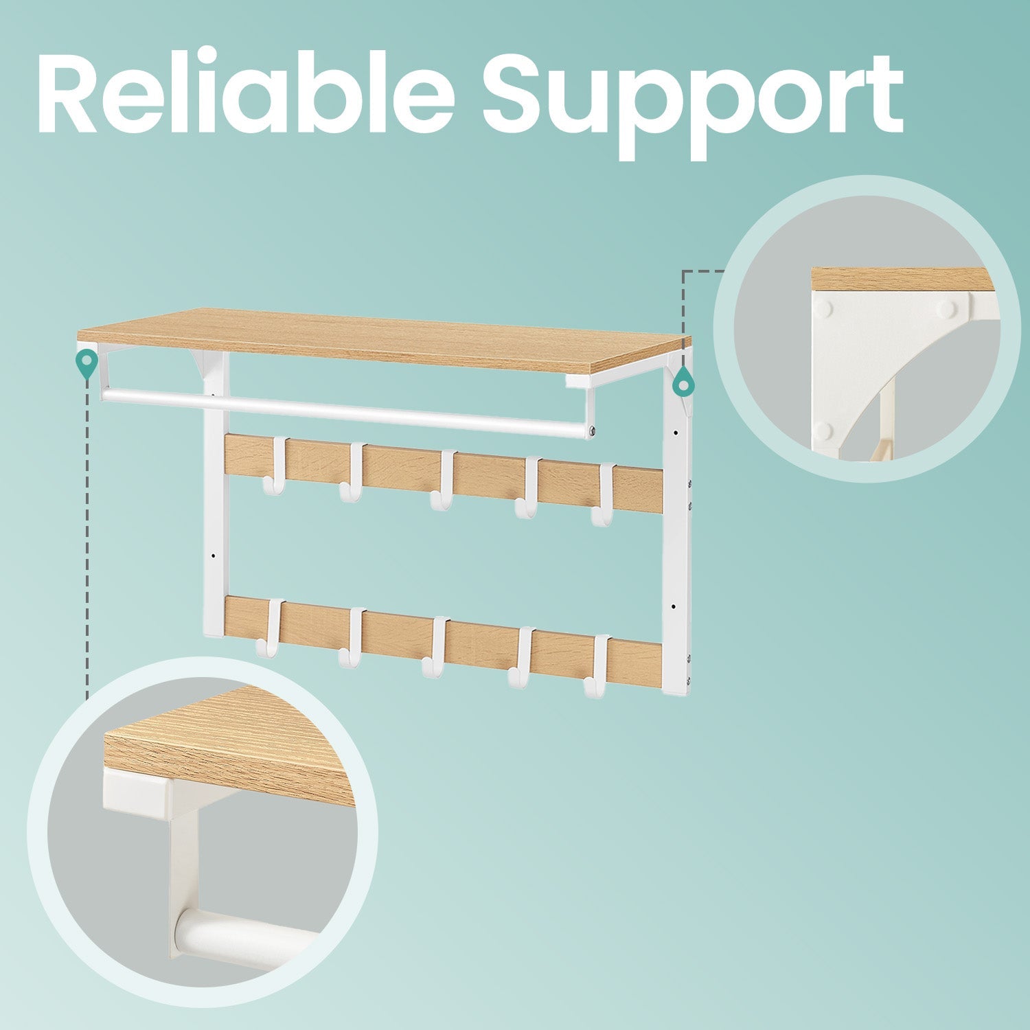 Wall-Mounted Coat Rack – Wood – Oak and White/Grey and Black/Rustic Brown – 10 Removable Hooks with Shelf