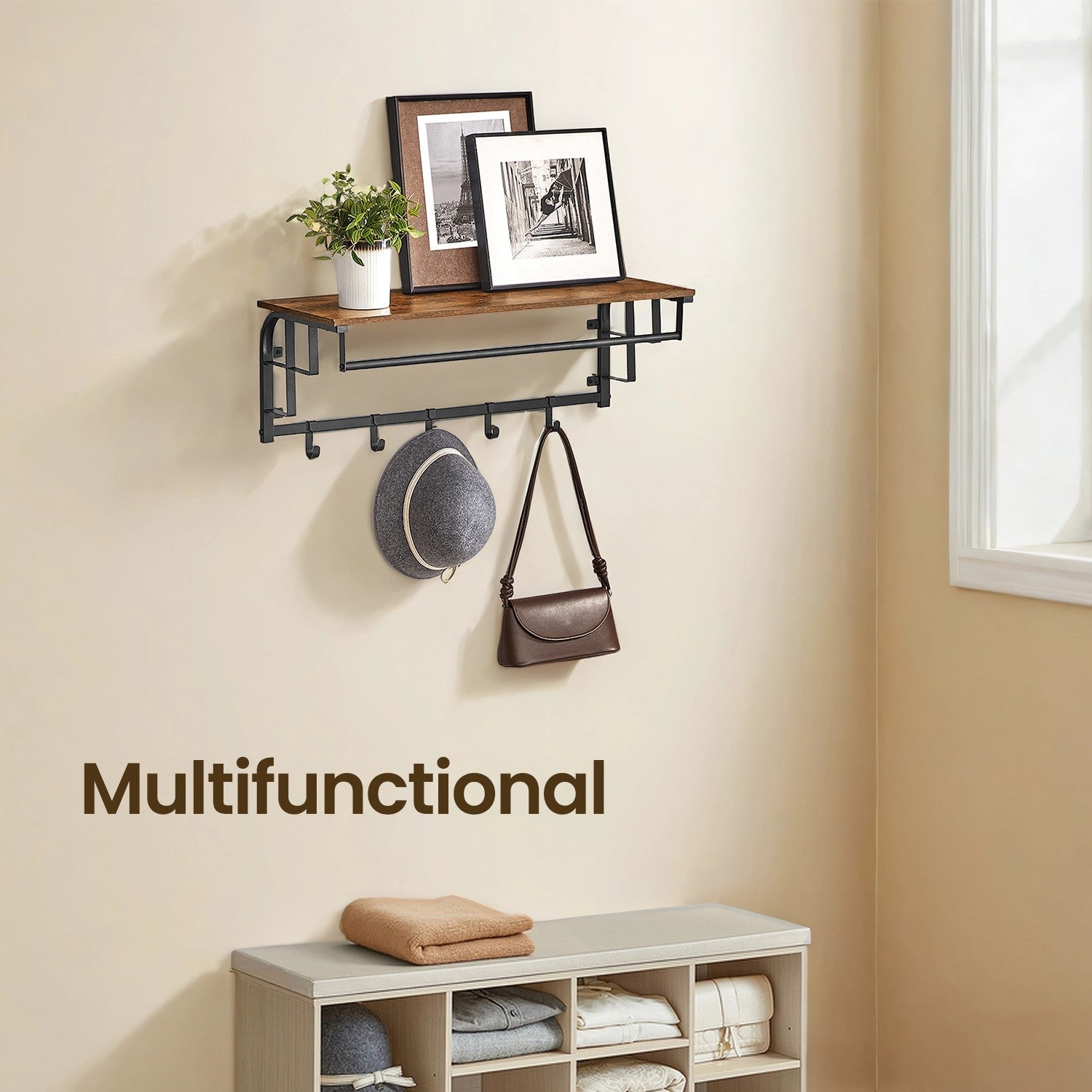 Wall-Mounted Coat Rack – Metal and Wood – Brown and Black – Includes 5 Removable Hooks and Floating Shelf