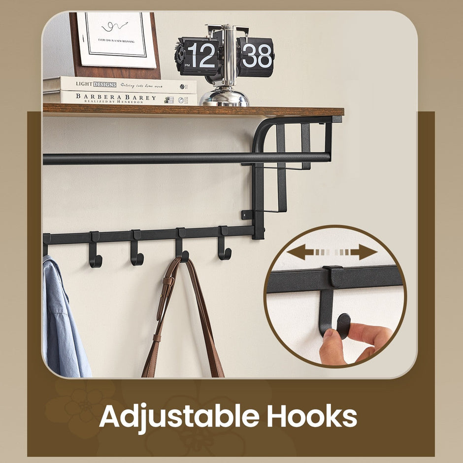 Wall-Mounted Coat Rack – Metal and Wood – Brown and Black – Includes 5 Removable Hooks and Floating Shelf