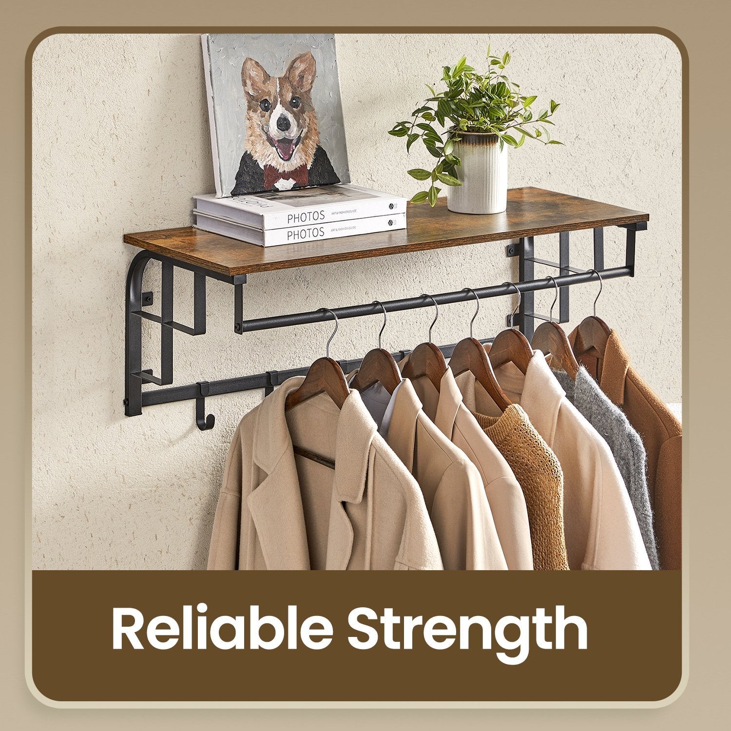 Wall-Mounted Coat Rack – Metal and Wood – Brown and Black – Includes 5 Removable Hooks and Floating Shelf
