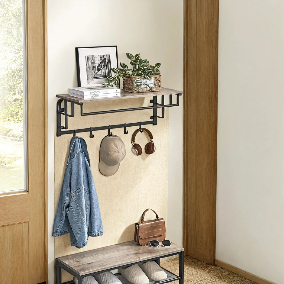 Wall-Mounted Coat Rack – Wood – Oak/White/Greige/Black/Rustic Brown – 5 Removable Hooks with Floating Shelf